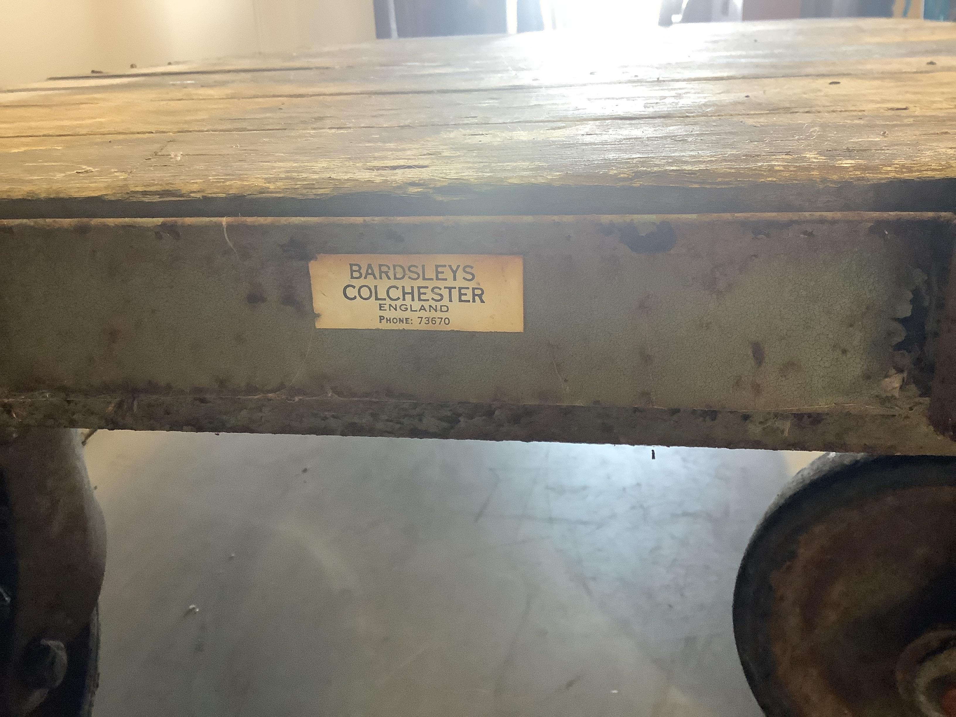 A railway porter's trolley marked Bardsley's of Colchester, width 190cm, depth 84cm, height 108cm